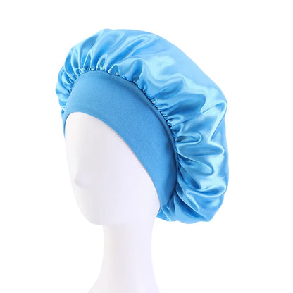 Wide Band Satin Sleep Bonnet with Listed Elastic Hair Wrap Design, Polyester Material Reference and Twenty-Eight Color Labels for Adult Nighttime Hair Styling
