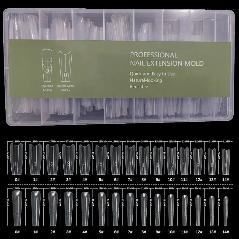 Reusable Sandwich Dual Nail Forms, Listed 240-Piece and 15-Size Top and Bottom Extension Molds with Long Point, Beagle T and Ellipse Options