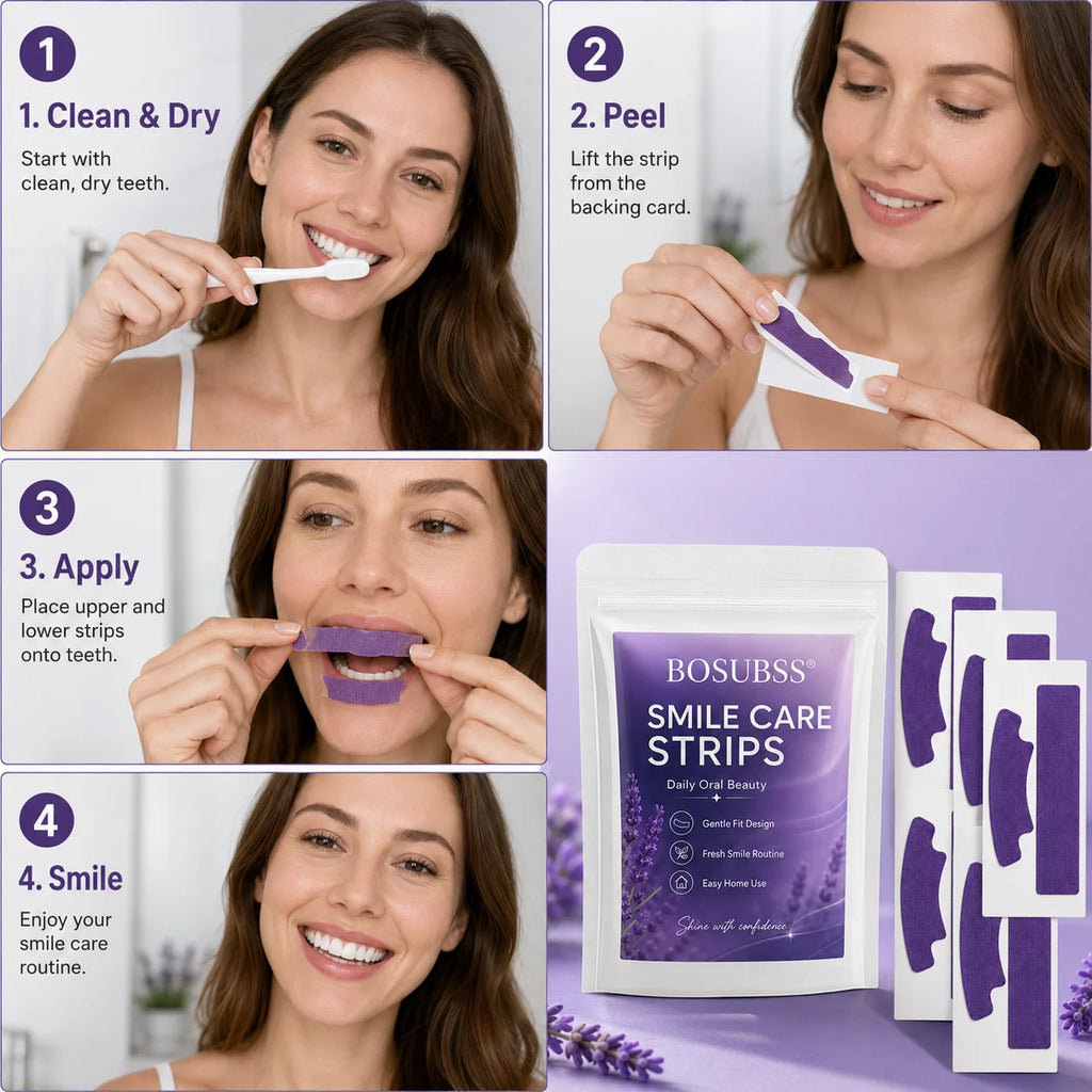 Purple Teeth Whitening Strips with Dry Sticker Format, Portable Oral Care Patches for Home and Travel in 1pcs, 2pcs or 6pcs Labeled Package Options