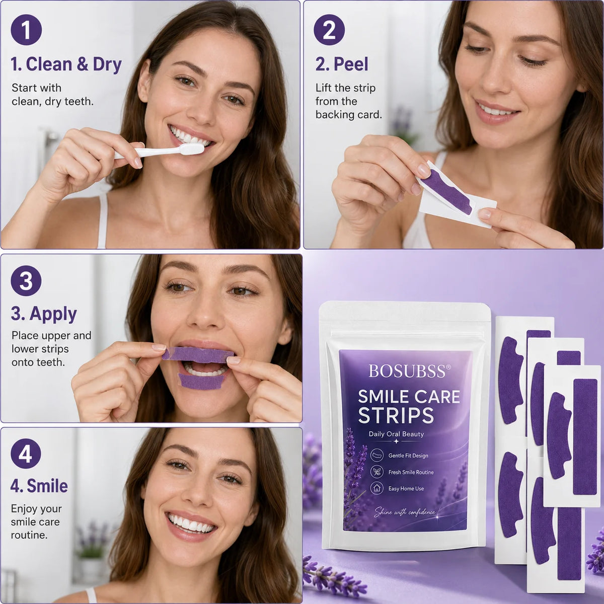 Purple Teeth Whitening Strips with Dry Sticker Format, Portable Oral Care Patches for Home and Travel in 1pcs, 2pcs or 6pcs Labeled Package Options