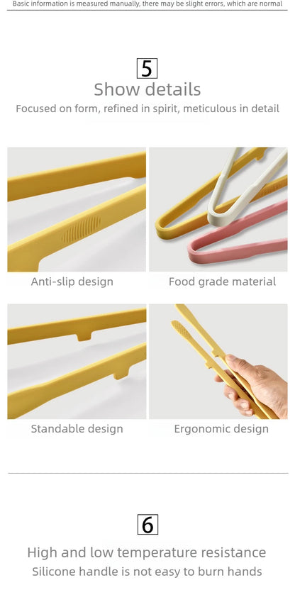 Silicone Kitchen Tongs with Wide-Tooth Grip and Extended Handle, Listed 26.5cm Serving Clip for Bread, Toast, Salad and Noodles with Color or 6PCS Options