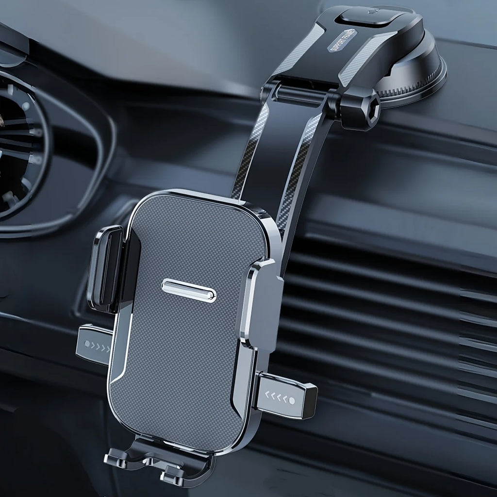 Dashboard Car Phone Holder with Pressure-Locking Suction Cup, 360-Degree Rotation and Quick-Release Clamp for Navigation in Three Black Style Options