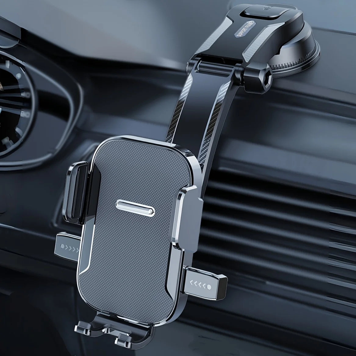 Dashboard Car Phone Holder with Pressure-Locking Suction Cup, 360-Degree Rotation and Quick-Release Clamp for Navigation in Three Black Style Options