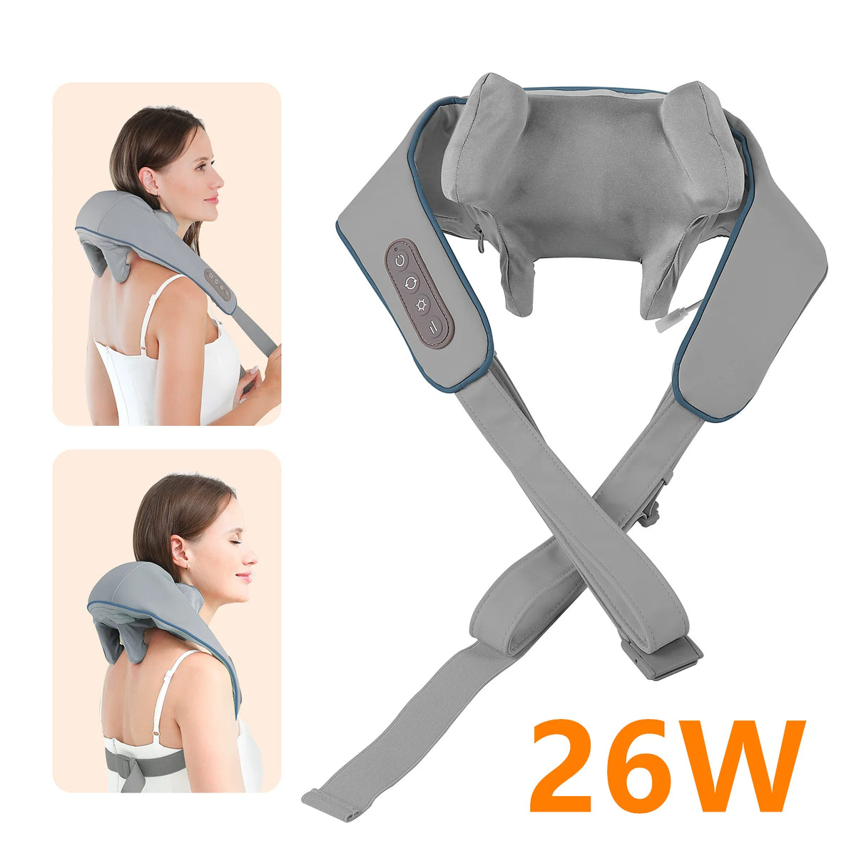Rechargeable Neck and Shoulder Massage Shawl with Listed Two Modes, Adjustable Straps and Back Buckle, 20W or 26W Kneading Models in White, Grey and Brown Options