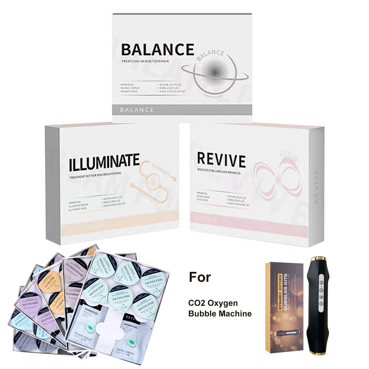 CO2 Facial Pod Kit with Capsule, Serum and Gel References, Seven Numbered Type Options for Bubble Facial Device Consumable Selection and Adult Beauty Routines