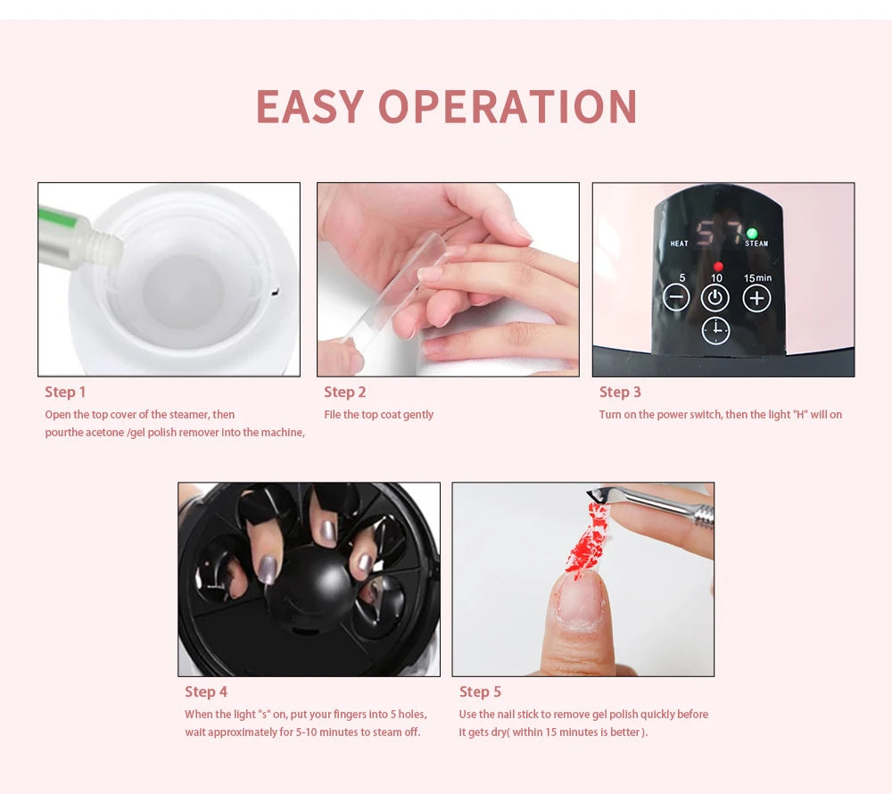 One-Hand Nail Steamer for Gel Polish Removal with Listed Auto Shut-Off Feature, 110–120V US or 220–240V EU Options for Adult Home Manicure Routines