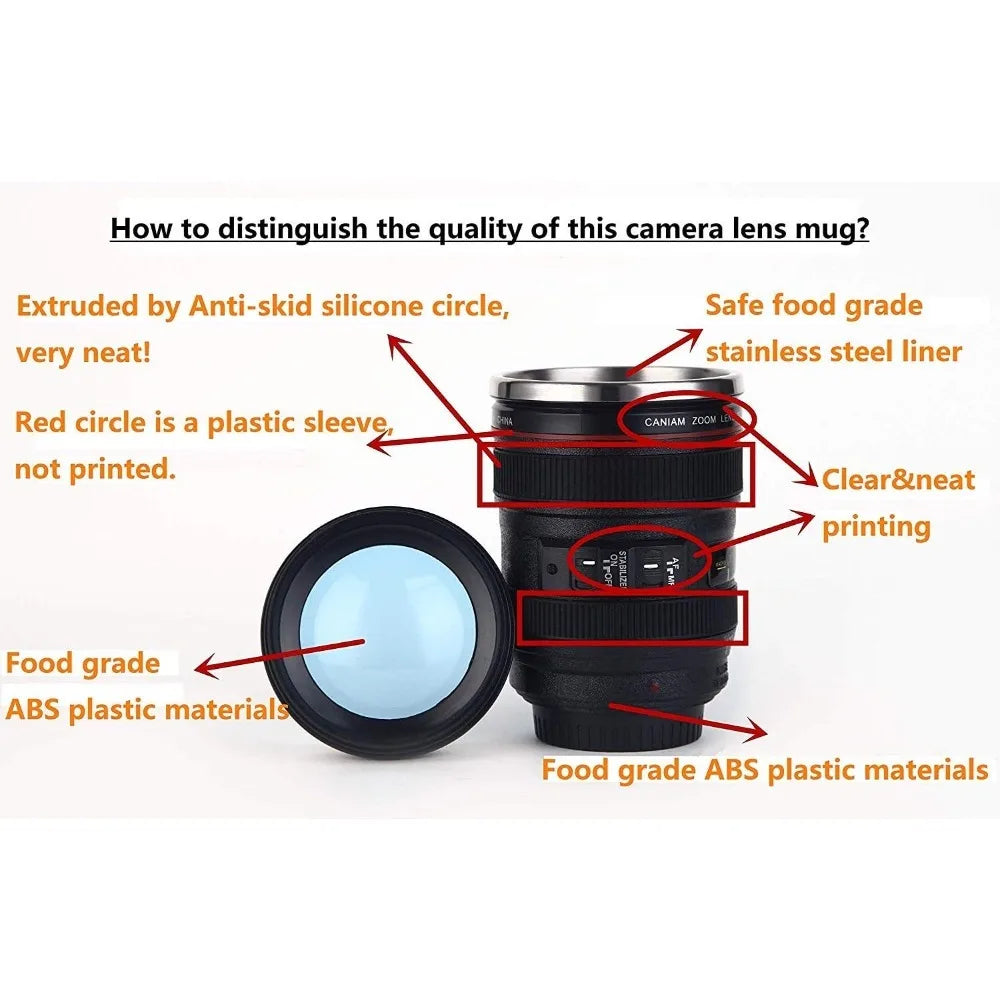 Camera Lens Coffee Mug, Photography-Themed Reusable Novelty Cup in Black 400ml or White 450ml Labeled Options for Home Desks and Photographer Gift Ideas