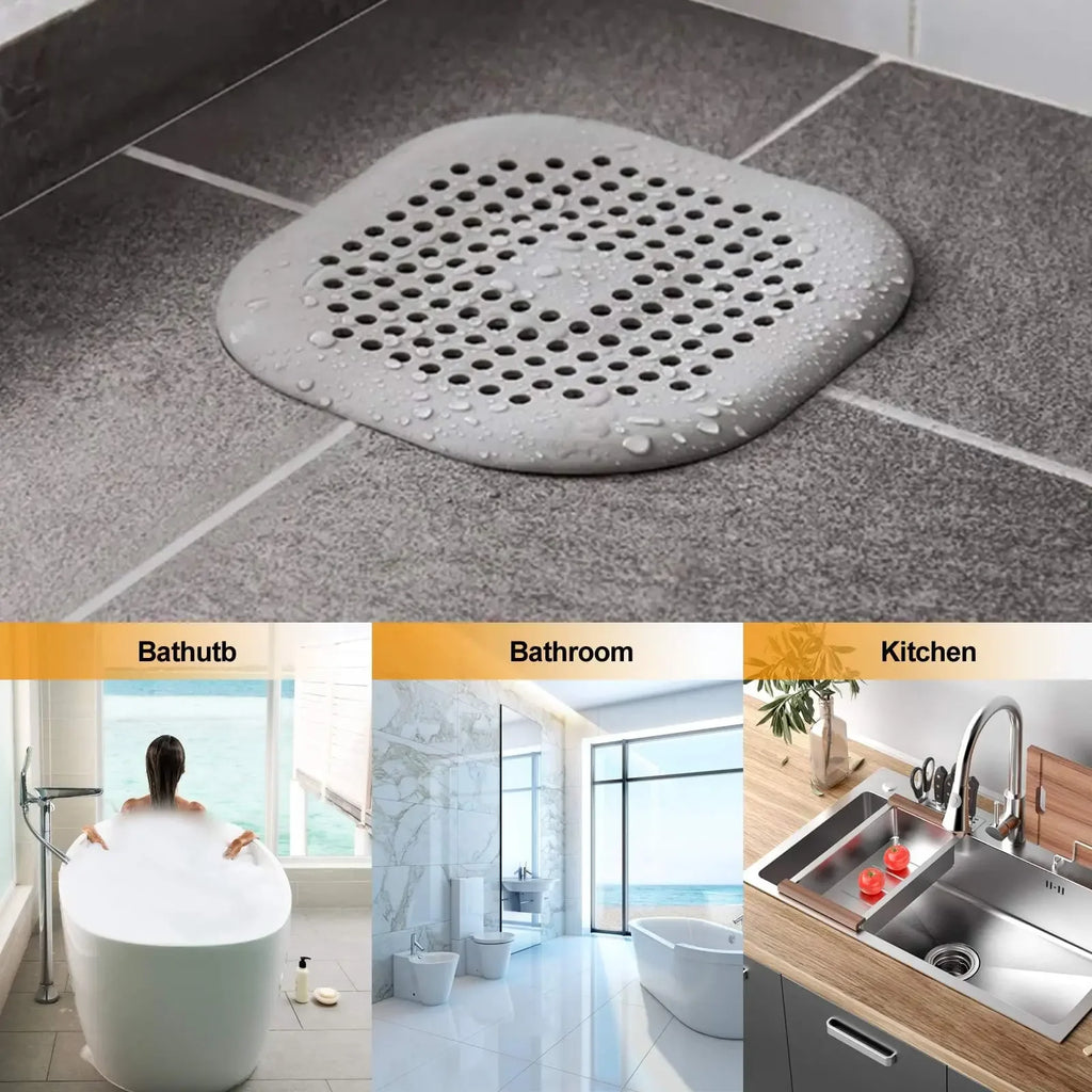 Shower Drain Hair Catcher, Square Silicone Drain Strainer with Suction Cups for Flat Shower, Bathtub and Kitchen Sink Surfaces, White, Gray or Black