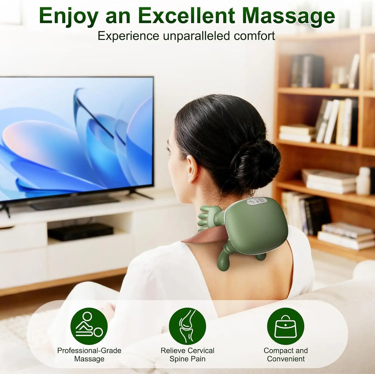 Wireless Neck and Back Massager with Heat, Battery-Powered 4D Shiatsu-Style Kneading Device in Green Silver Switch Option for Adult Relaxation Routines