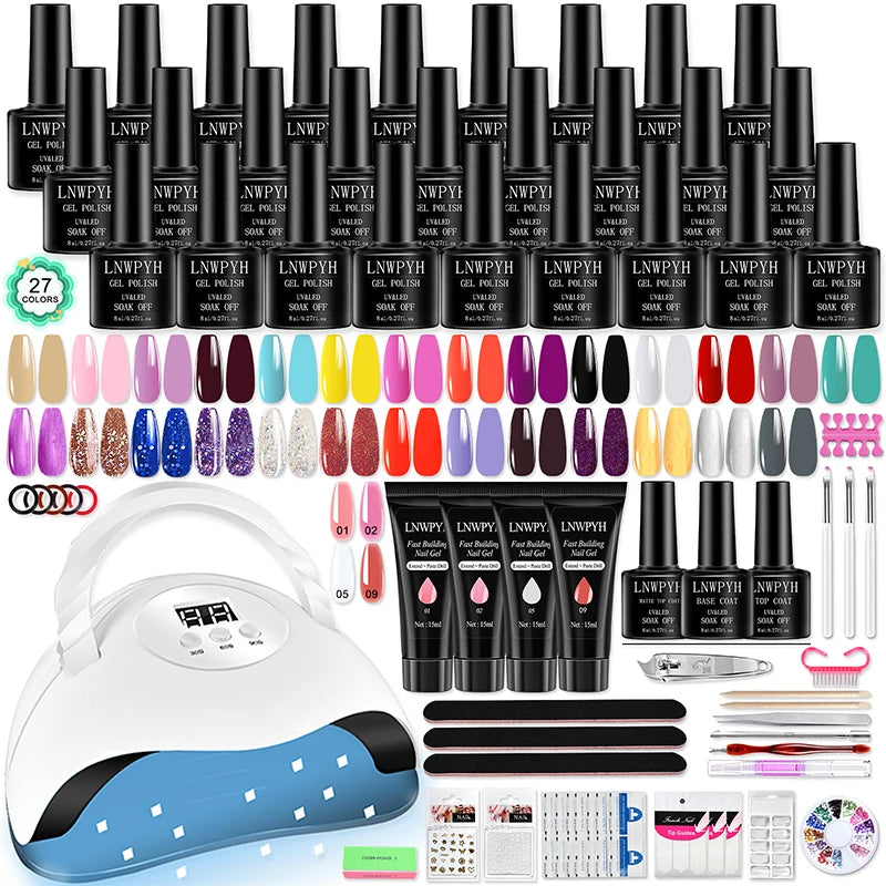 27-Color Soak-Off Gel Nail Polish Kit by LNWPYH with UV LED Sensor Lamp, 4 Extension Gel Colors, Base Coat, Glossy and Matte Top Coats for Adult Nail Art