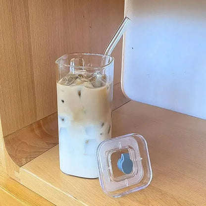 400ml Glass Coffee Cup with Listed Lid and Straw, Transparent Borosilicate Drinkware for Iced Coffee, Milk Tea and Juice with Square Cup and Bamboo Lid Options