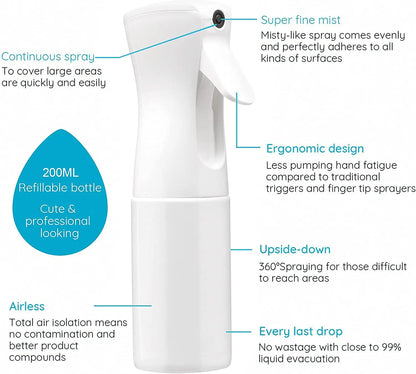 Hairdressing Spray Bottle 200ml, Refillable PET Continuous Fine Mist Water Sprayer in Black or White for Barber, Salon and At-Home Hair Styling