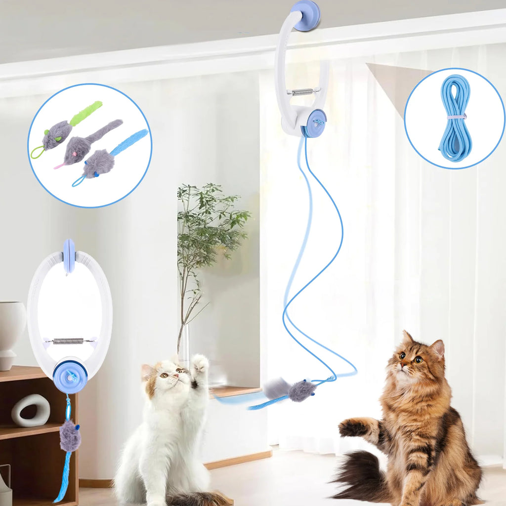 Rechargeable Door Hanging Cat Toy with Three Modes, Retractable Teaser Rope and Three Catnip Mouse Accessories, Blue Indoor Toy for Supervised Play
