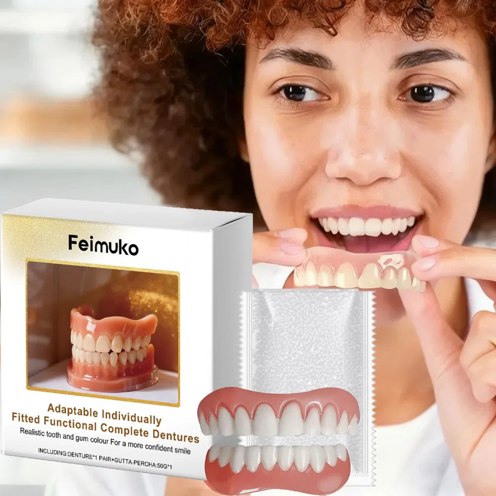Cosmetic Denture-Style Teeth Cover Kit with Single-Piece and Multi-Item Purchase Labels, Material and Fit Details Requiring Professional Dental Review Before Use