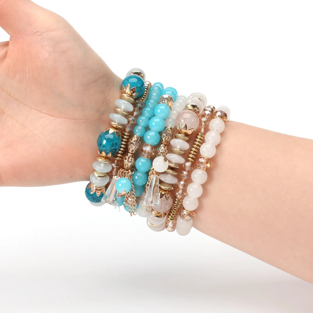 Boho Beaded Bracelets for Women, Stackable Multilayer Acrylic Bead Jewelry with Stretch Cord and Eight Color Options for Everyday Outfits and Gifts