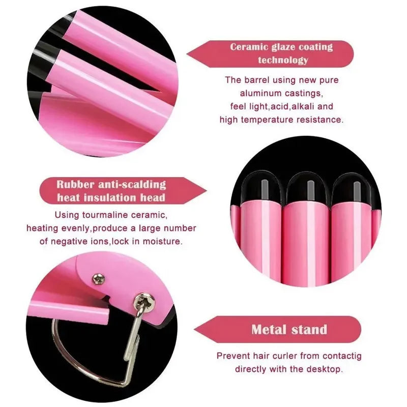 Pink Triple Barrel Hair Waver with 22mm Option Label, Ceramic Curling Iron for Women's At-Home Wave Styling and Evening Looks with US, EU or UK Plug Choices