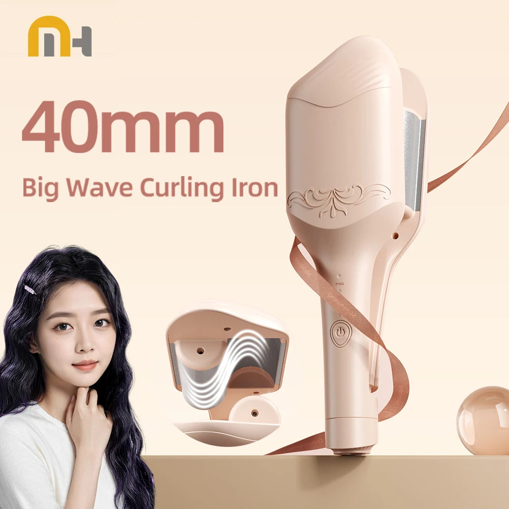 40mm Hair Waver in Beige, Corded Ceramic-Coated Wave Styling Iron with Listed Adjustable Heat, Regional Plug Choices and Without-Box Packaging Option