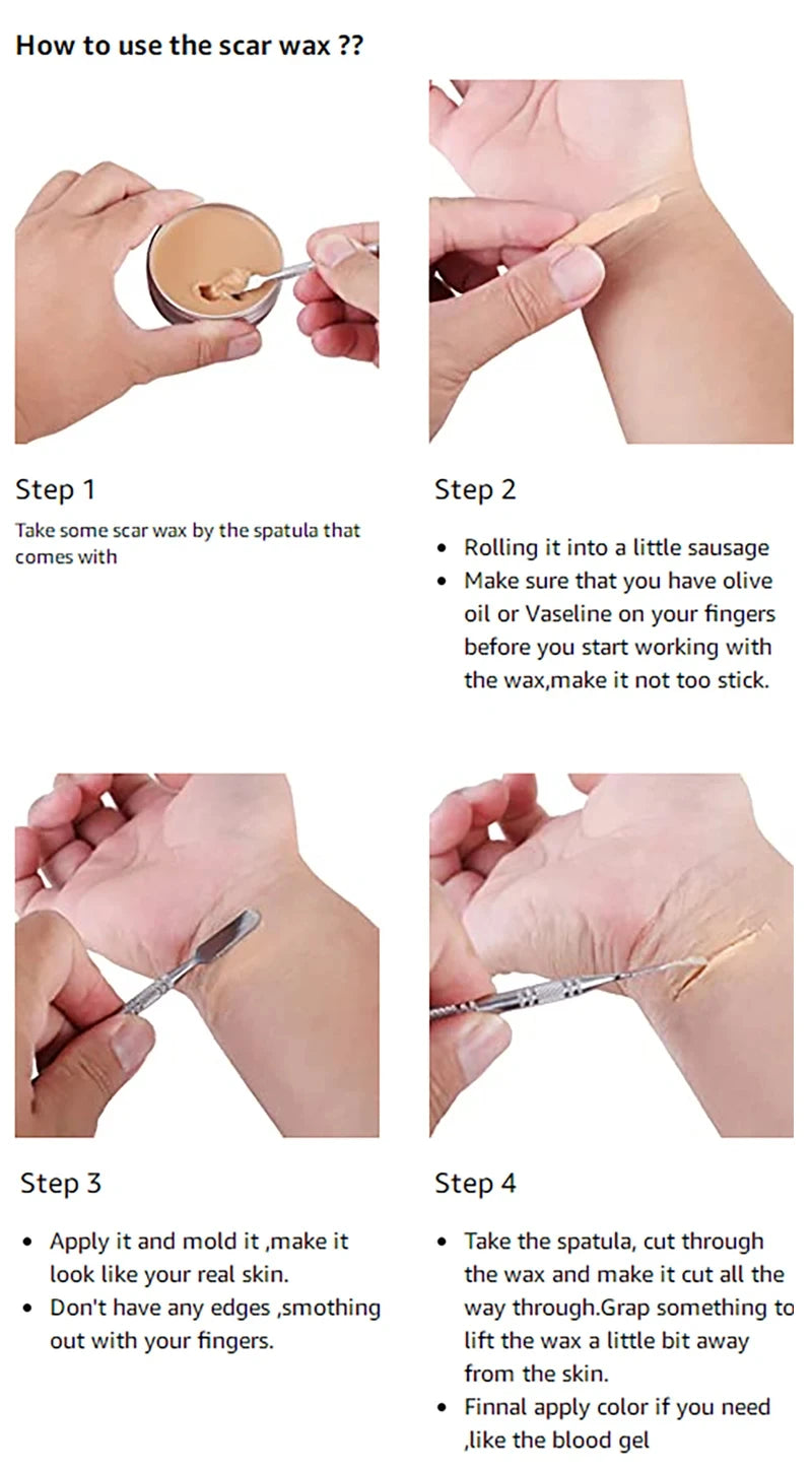 Scar Wax SFX Makeup Options with Listed 60g Wax and Light, Natural or Dark Skin Shade References for Halloween Costumes, Stage and Simulated Wound Effects