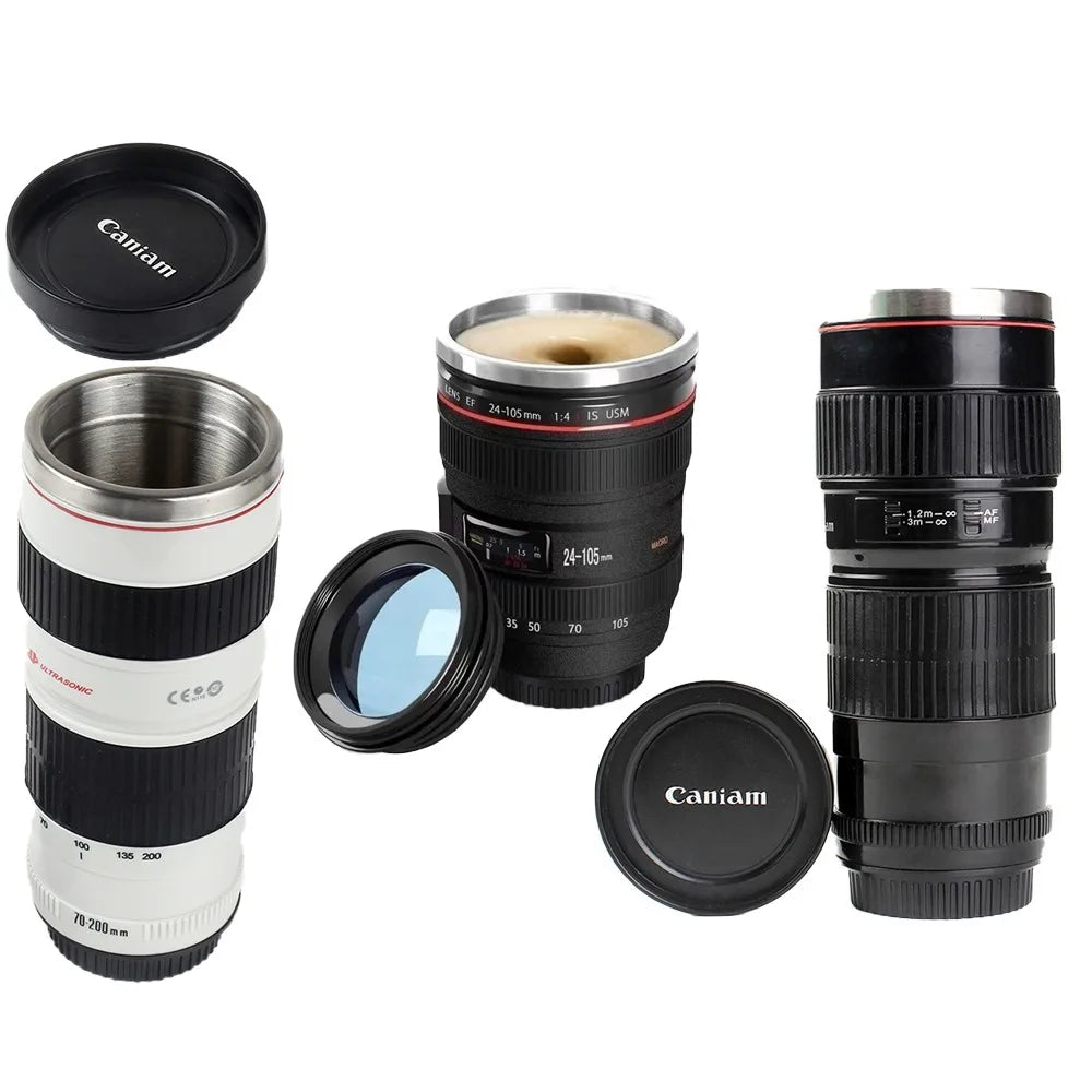 Camera Lens Coffee Mug, Photography-Themed Reusable Novelty Cup in Black 400ml or White 450ml Labeled Options for Home Desks and Photographer Gift Ideas