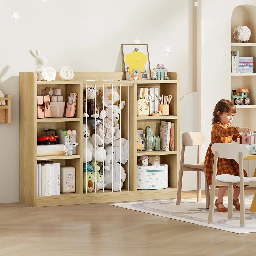 Toy Storage Shelf with Six Cubes and Rounded Corners, Light Yellow or Ivory Stuffed Animal Organizer for Playroom Cleanup and Bedroom Storage