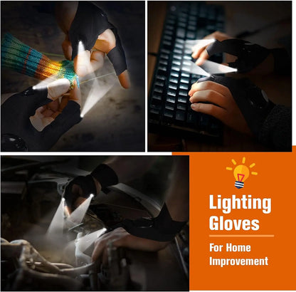 LED Flashlight Gloves with Adjustable Wrist Strap and Fingerless Design, Pair or Single Left and Right Hand Options for Adult Fishing, Camping and Repair Tasks