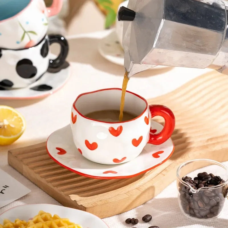Hand-Painted Ceramic Mug with Irregular Korean-Style Shape and Floral, Heart or Playful Pattern Options for Breakfast Coffee and Afternoon Tea, Cup Only