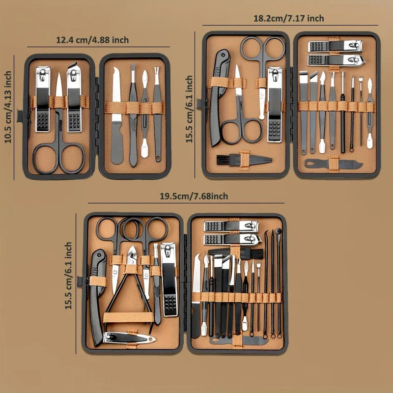 Manicure Grooming Set with Stainless Steel Tool and PU Case References, 24pcs Black-Brown Option for Adult Personal Nail Trimming and Pedicure Care