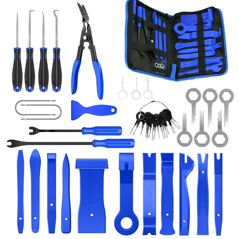 Car Interior Trim Removal Kit with Red or Blue 5, 11, 41 and 161 PCS Configurations for Compatible Door Panels, Stereo Surrounds and Fastener Release Tasks
