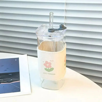 400ml Glass Coffee Cup with Listed Lid and Straw, Transparent Borosilicate Drinkware for Iced Coffee, Milk Tea and Juice with Square Cup and Bamboo Lid Options
