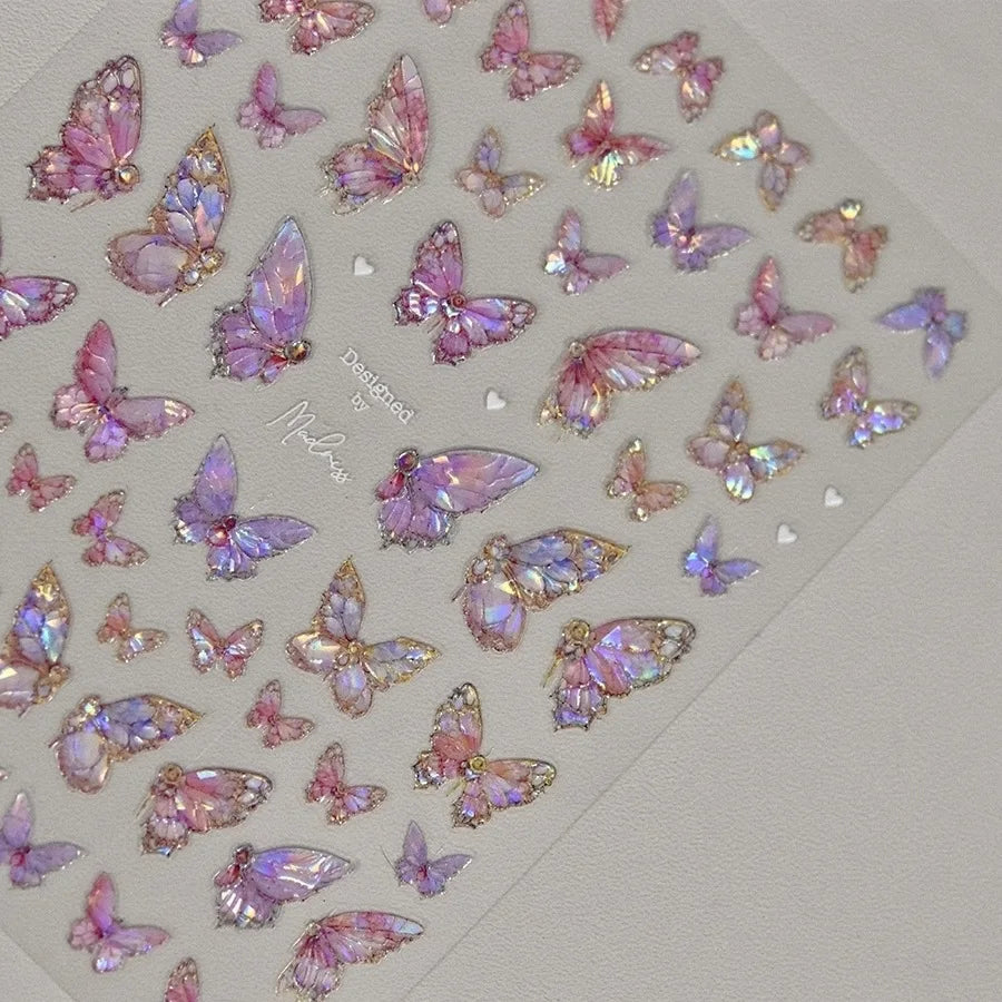 Butterfly 5D Nail Art Stickers, Kawaii Japanese-Inspired Glitter Shell Aurora Style Manicure Decals in Four Design Options for DIY Nail Decoration