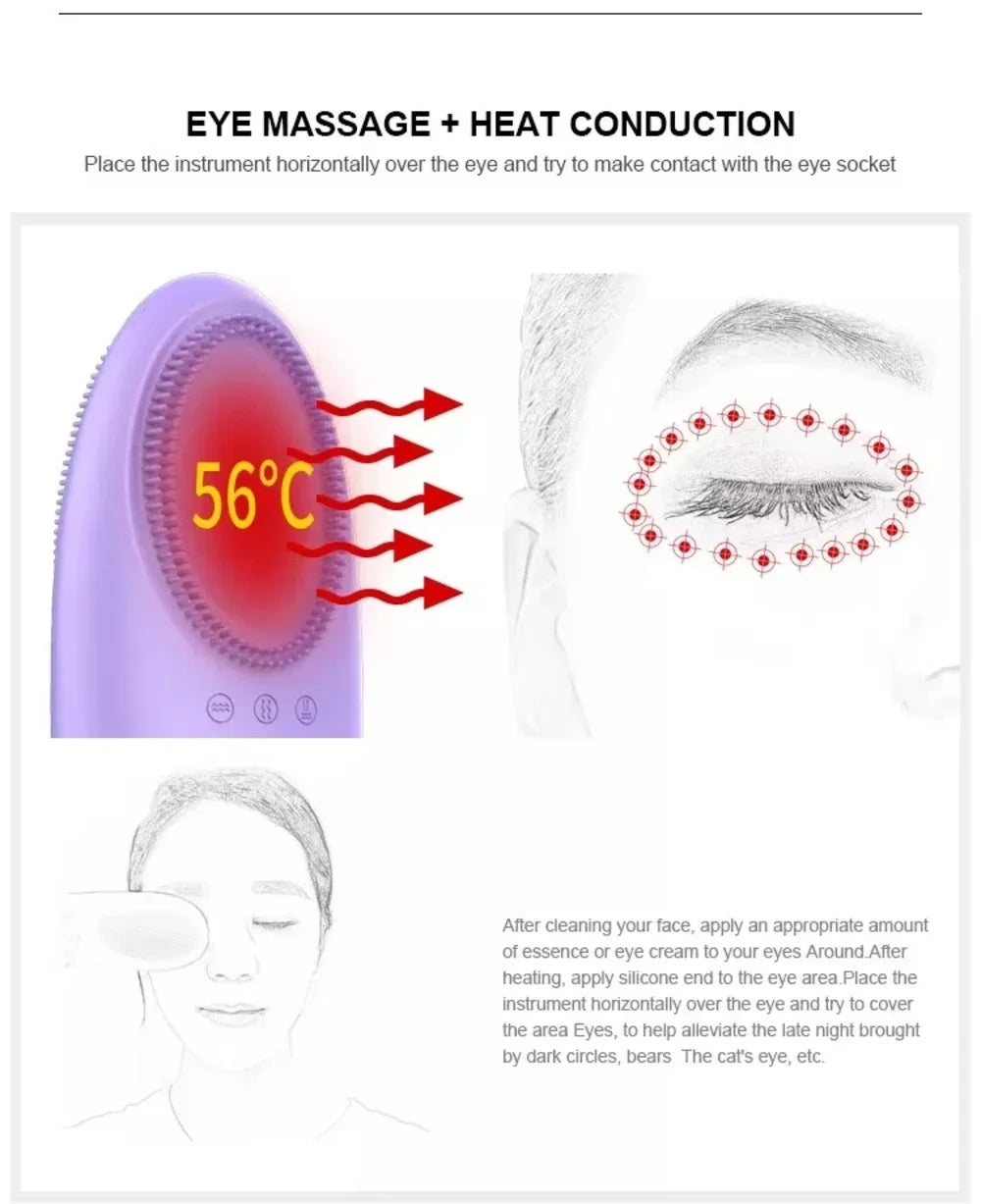 Heated Facial Cleansing Brush with USB Charging and Three Mode References, Silicone, Bristle and Rolling Head Descriptions with Three Single-Piece Option Labels