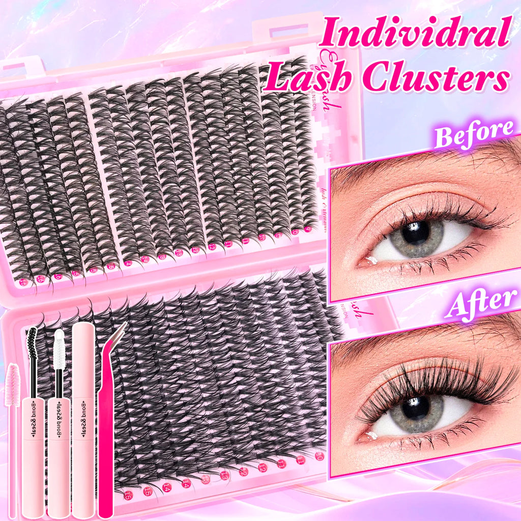 Lash Cluster Extension Kit with Wispy Volume, Fourteen Quantity and Style Options Including Spike and Bottom Lash Labels for Adult Makeup Looks