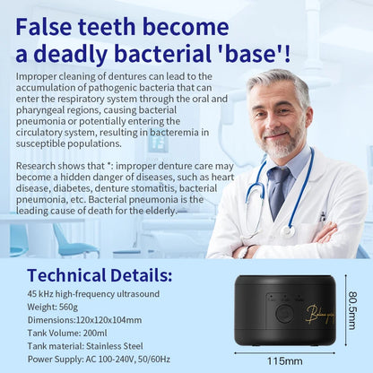 Dental Appliance Cleaner with USB Power Supply, Black Cleaning Machine for Compatible Removable Dentures, Orthodontic Appliances and Selected Jewelry