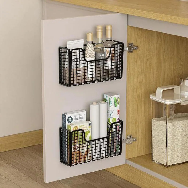 Kitchen Cabinet Door Storage Rack with Punch-Free Mounting Reference, Iron Organizer for Plastic Wrap Storage in White and Black Model Options