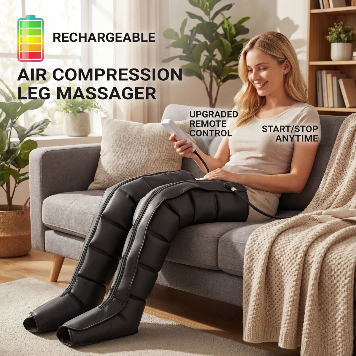 Air Wave Compression Leg Massager with Zipper Design, Three Listed Modes and Intensity Levels in Basic, Lengthen or Lengthen Type-C Options for Adult Relaxation