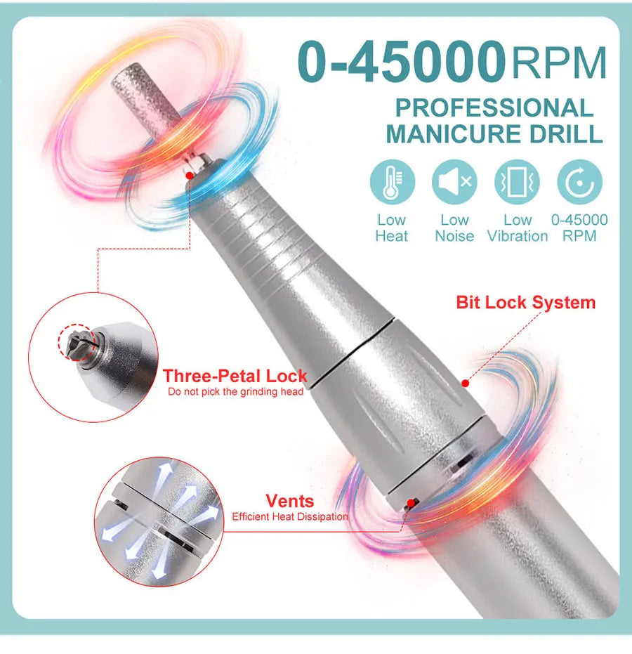 Portable Nail Drill V2 with Listed 45,000 RPM Adjustable Speed, 1800mAh Rechargeable Battery, LCD Display and Six Bits for Acrylic and Gel Manicures