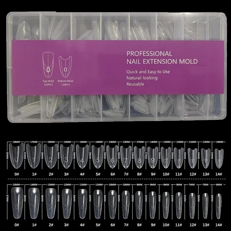 Reusable Sandwich Dual Nail Forms, Listed 240-Piece and 15-Size Top and Bottom Extension Molds with Long Point, Beagle T and Ellipse Options