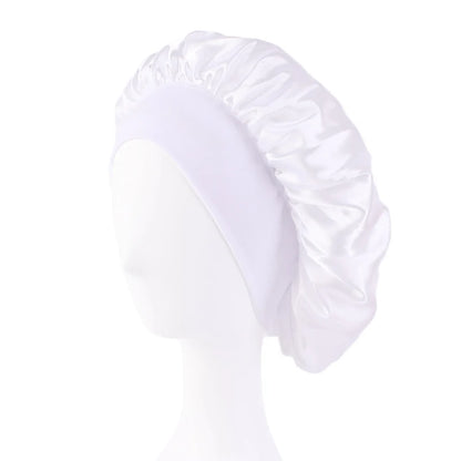 Wide Band Satin Sleep Bonnet with Listed Elastic Hair Wrap Design, Polyester Material Reference and Twenty-Eight Color Labels for Adult Nighttime Hair Styling