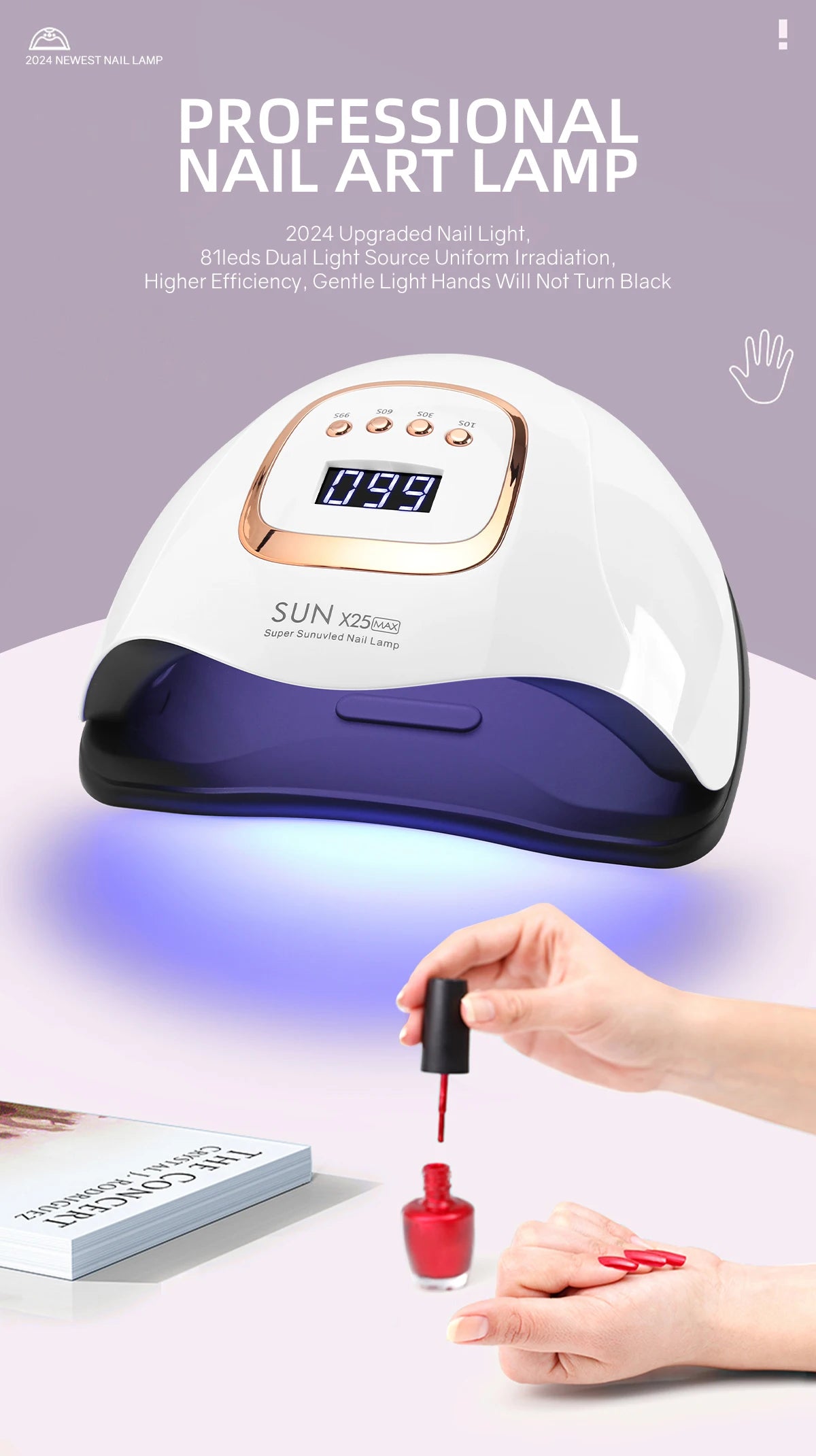 Gel Nail Curing Lamp with Four Timers, Auto Sensor and Removable Tray, Listed 81-LED SUN X25 MAX Specifications and X23, X25, X26 or X27 Options