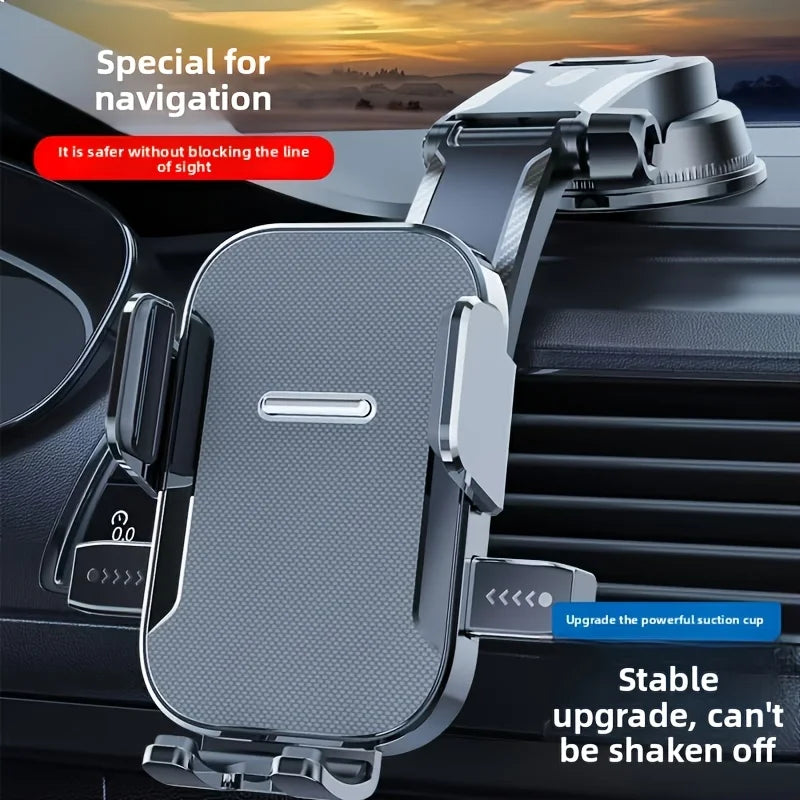 Dashboard Car Phone Holder with Pressure-Locking Suction Cup, 360-Degree Rotation and Quick-Release Clamp for Navigation in Three Black Style Options