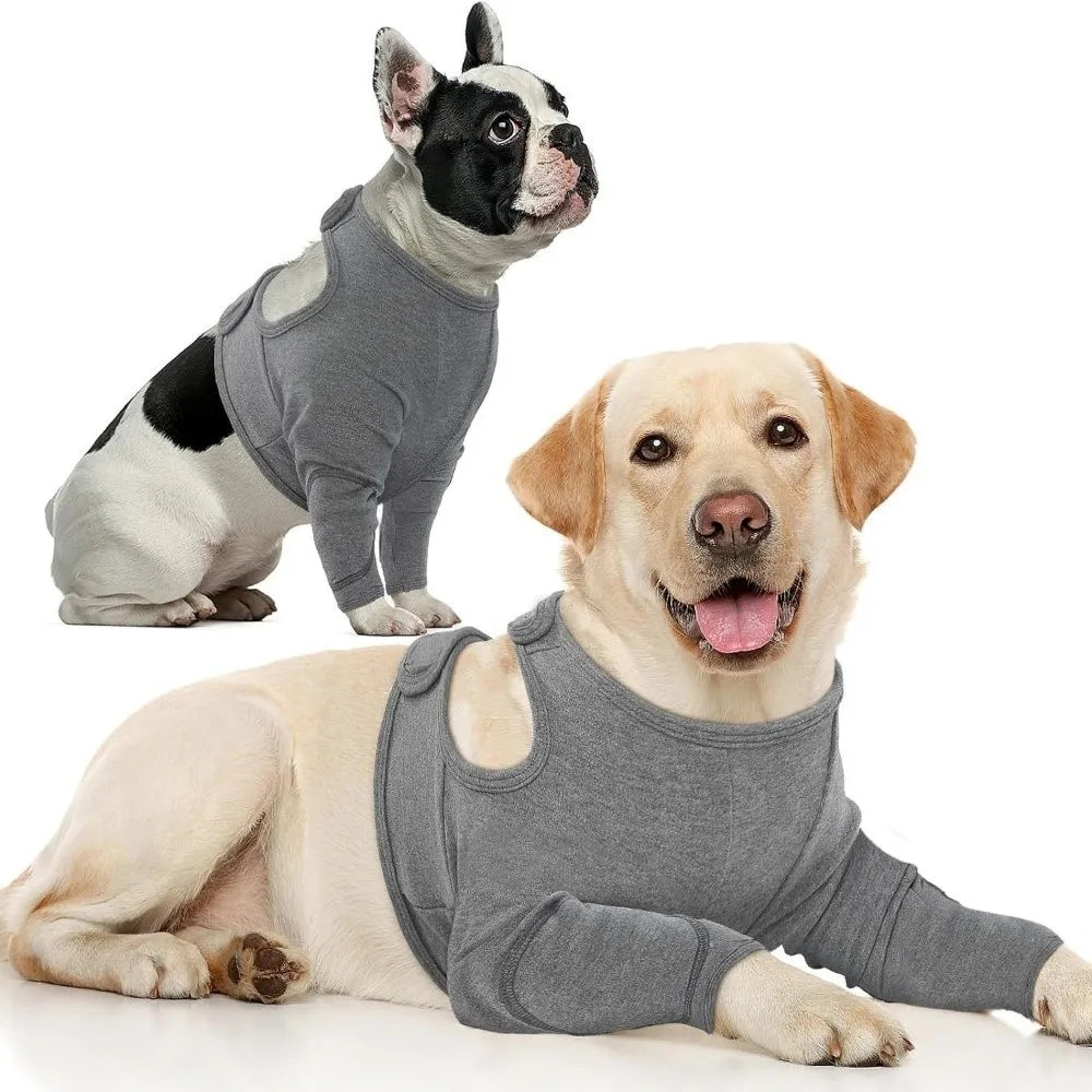 Dog Leg Sleeve in Grey Polyester, Single Stretch Fabric Pet Leg Cover with Six Size Options from S to 3XL and Chest, Neck and Sleeve Measurement Guide