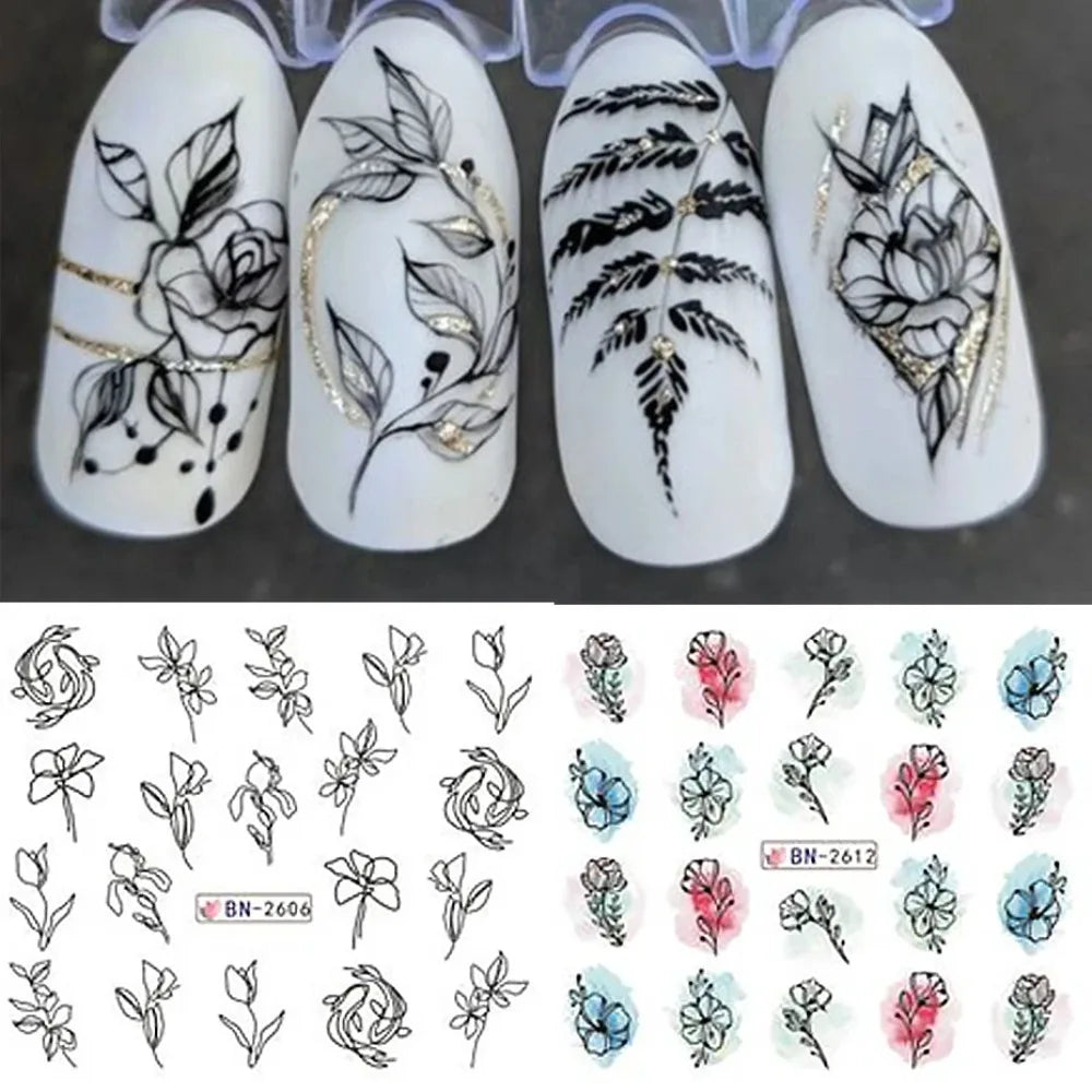 Water Transfer Nail Decals, BN2605-2616 Nail Art Slider Stickers for DIY Manicure Decoration, At-Home Styling and Seasonal Nail Design Ideas