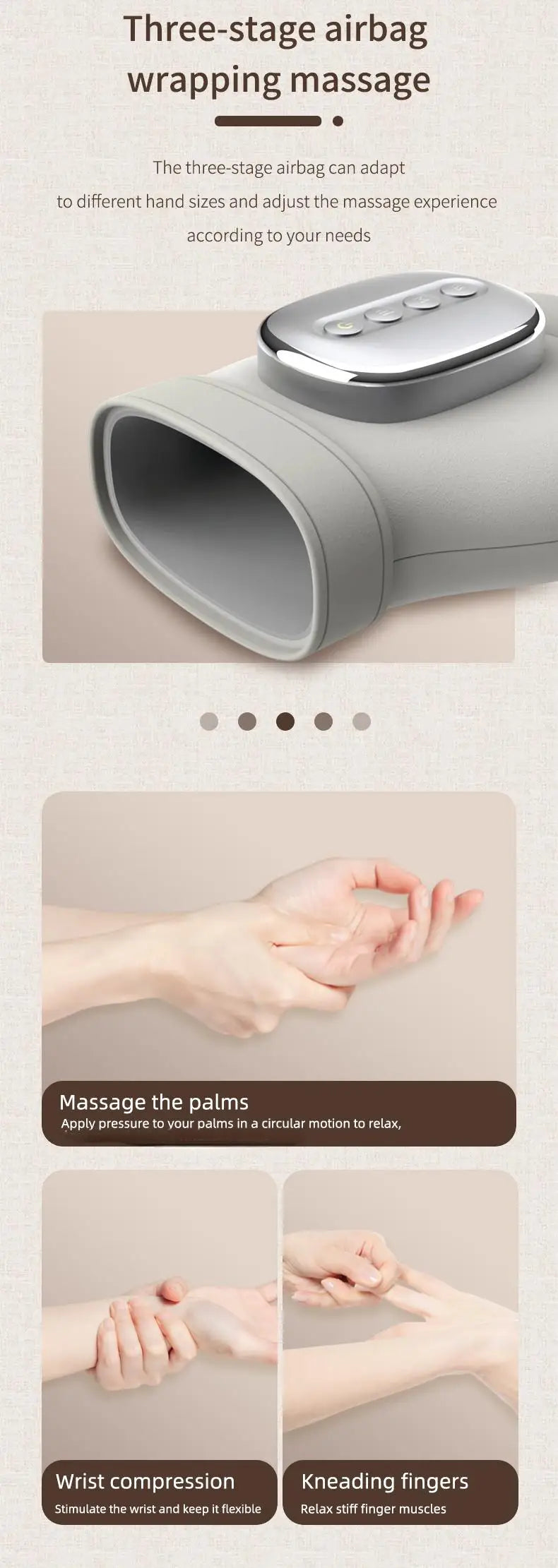 Gray 13-Airbag Hand Massager with Health, Soothing and Vitality Mode Labels, Five Compression Levels and Heated Cordless Type-C Design for Adult Relaxation