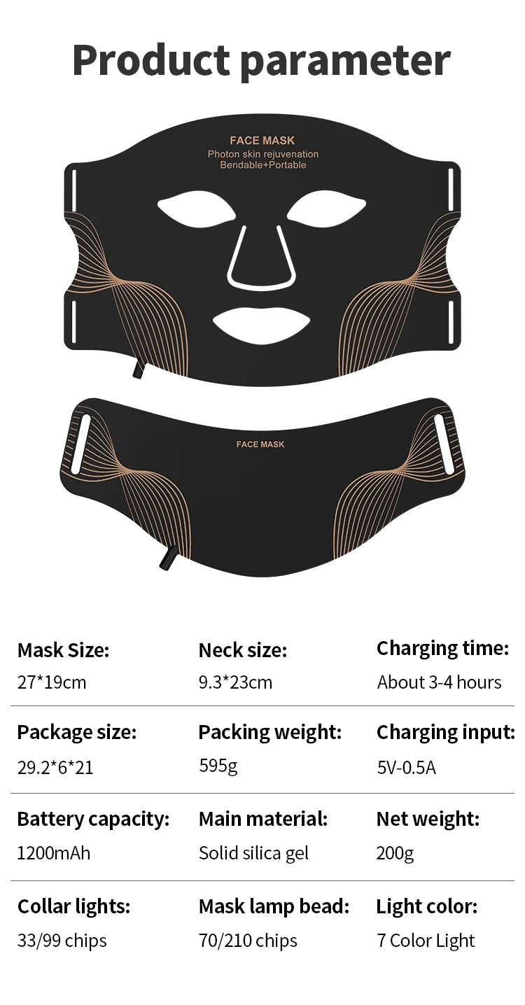 Cordless LED Face Mask with Seven Listed Color Modes, Rechargeable Beauty Device in Mask-Only or Type 1-4 Set Options with Box and No-Box Packaging Choices