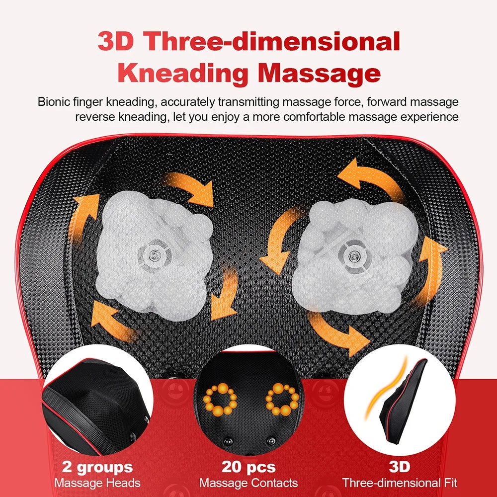 Back and Neck Massage Pillow with Listed 24W Power, PU Surface, One-Button Control and 15-Minute Auto Shutoff, Adapter and Vehicle Cable for Adult Relaxation