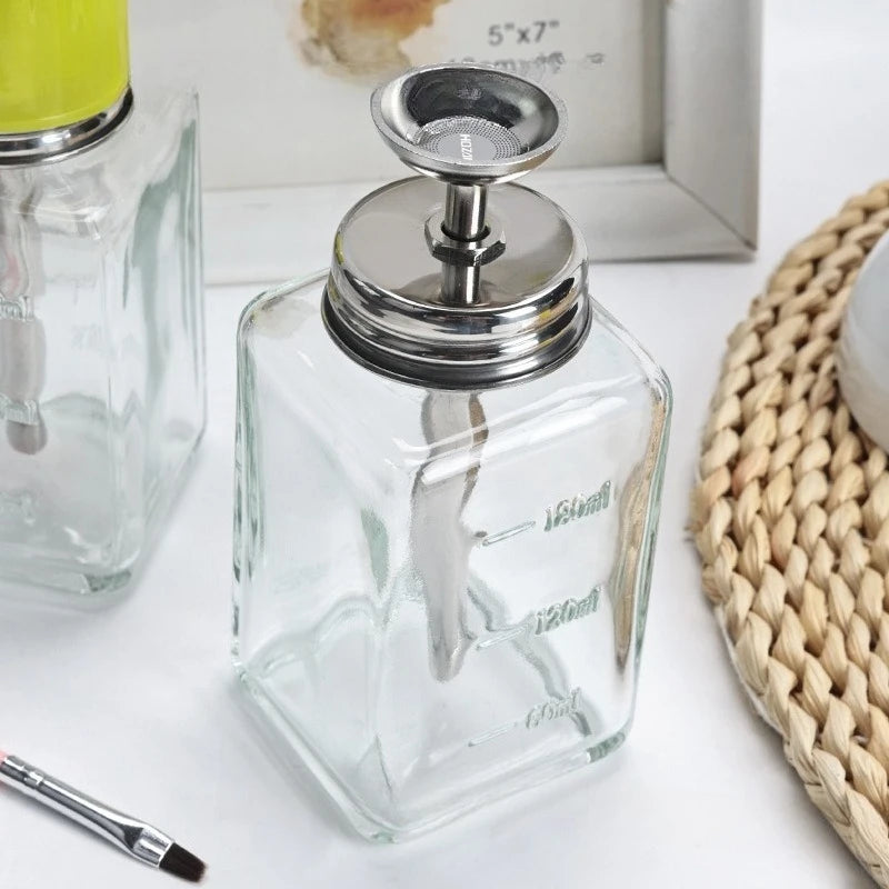 Nail Polish Remover Dispenser Bottle, 180ml Square Refillable Glass Container with Push-Down Pump for Home Manicures and Salon Nail Stations