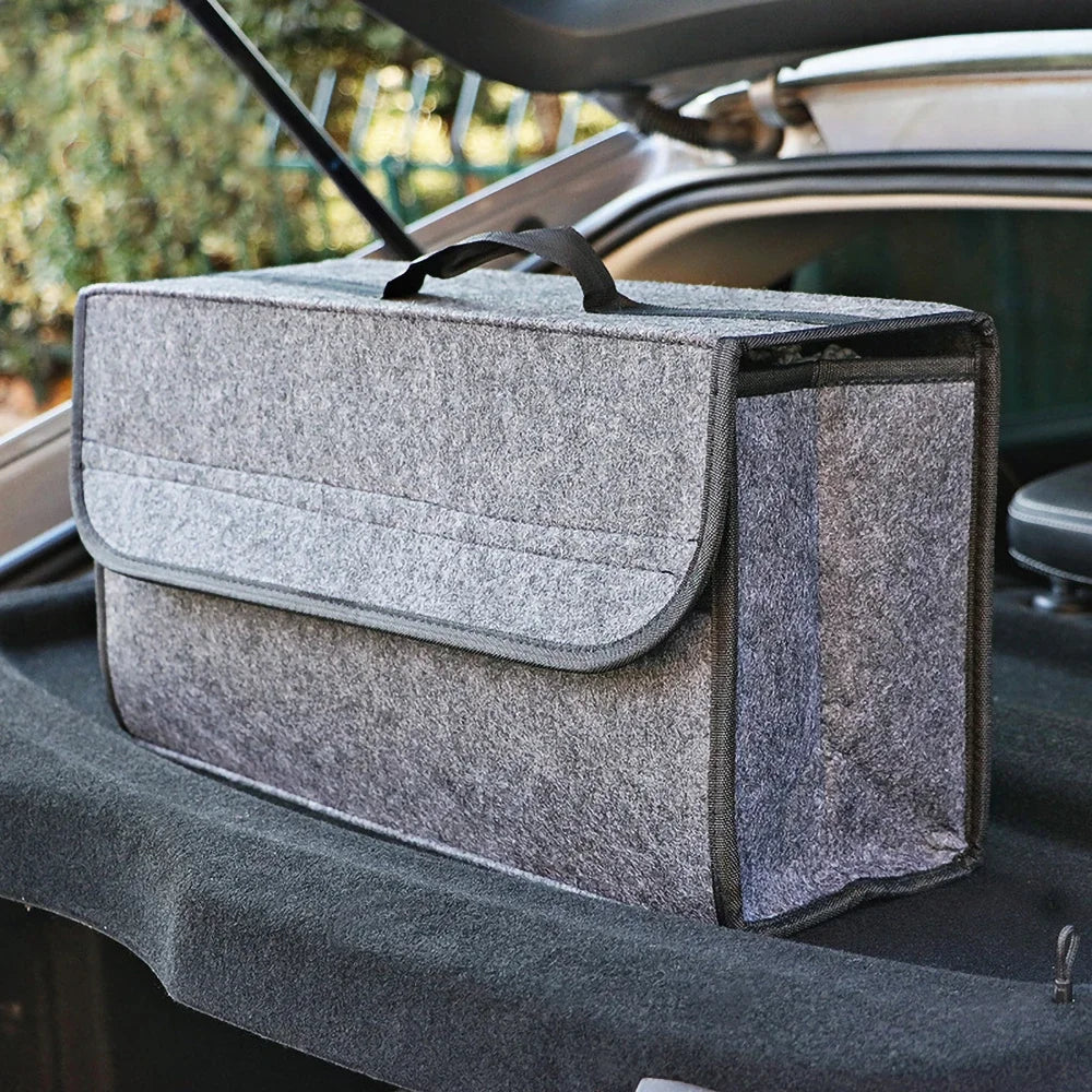Felt Car Trunk Organizer, Grey Foldable Storage Bag in Listed 50 x 24 x 15 cm Size for Umbrellas, Gloves, Tools and Everyday Vehicle Accessories