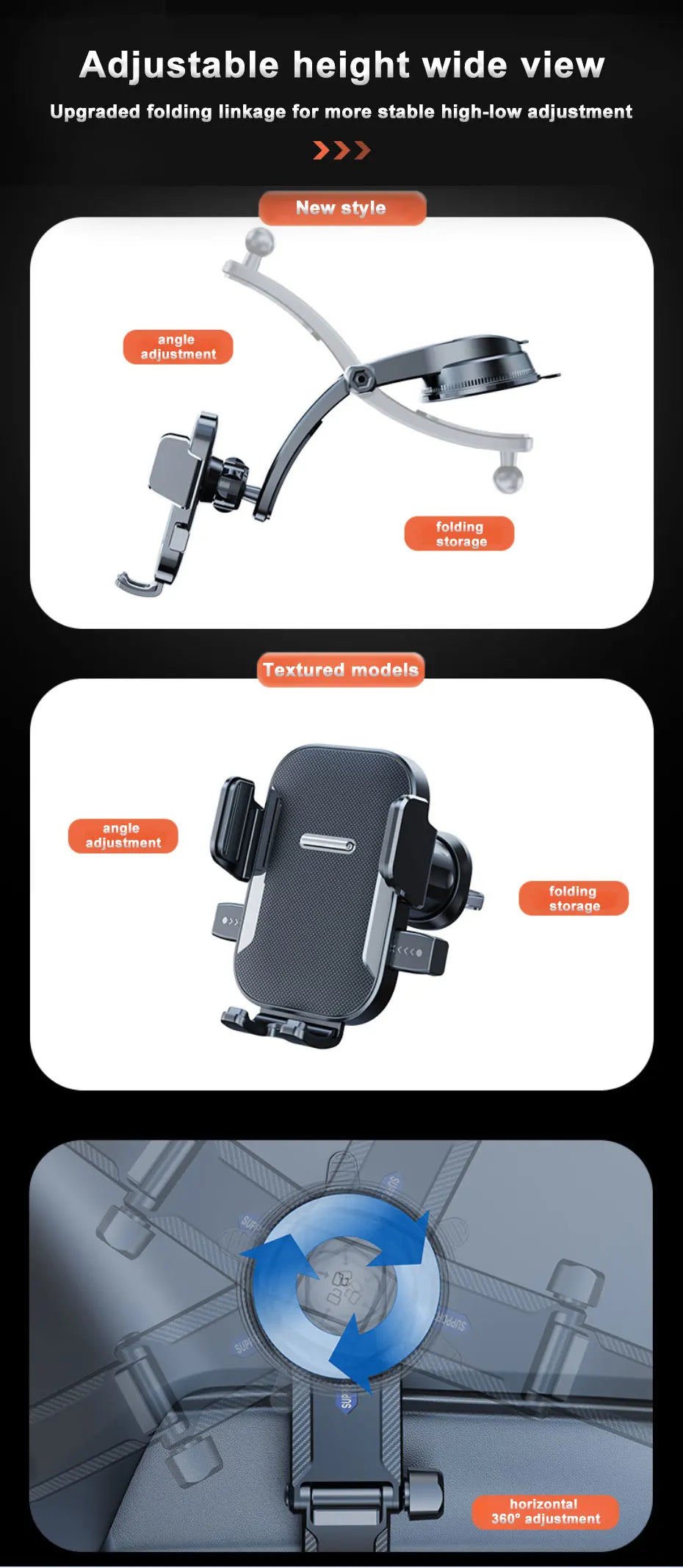 SEAMETAL Dashboard Phone Holder with Adjustable Cradle and Quick-Release Button, Listed 180-Degree Tilt, Mirrored or Textured Options for Compatible 3–7 Inch Phones