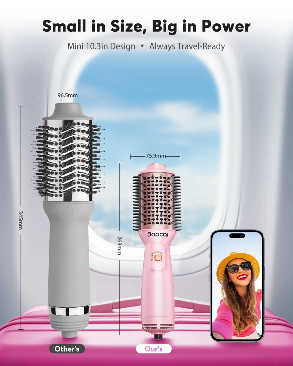 Dual Voltage Travel Hair Dryer Brush, Pink 4-in-1 Compact Hot Air Styler with Listed 100–240V Operation, Three Heat and Airflow Modes and US, EU or UK Plug Choices