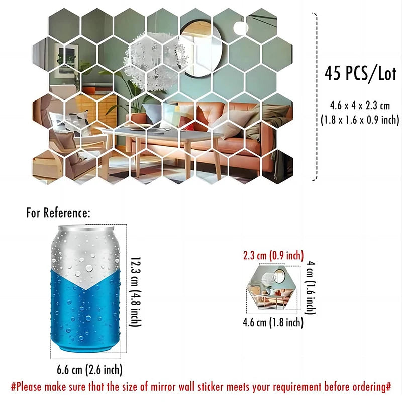 Hexagon Mirror Wall Stickers, 45-Piece Decorative Tile Set for DIY Geometric Wall Art Arrangements in Compatible Living Room, Bedroom and Entryway Spaces